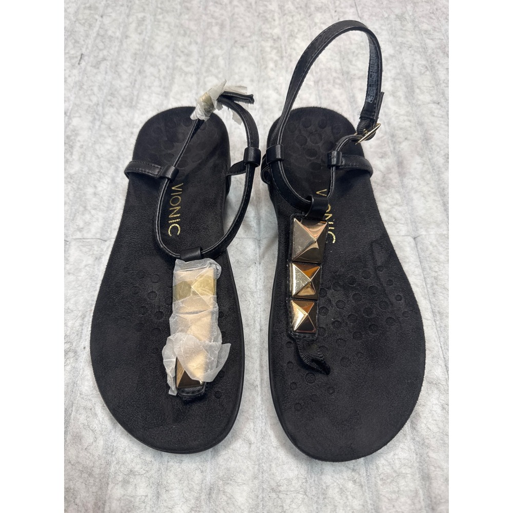 Vionic Nala Black Leather Studded Thong Slingback Sandals Womens 7‎ Wide 340NALA